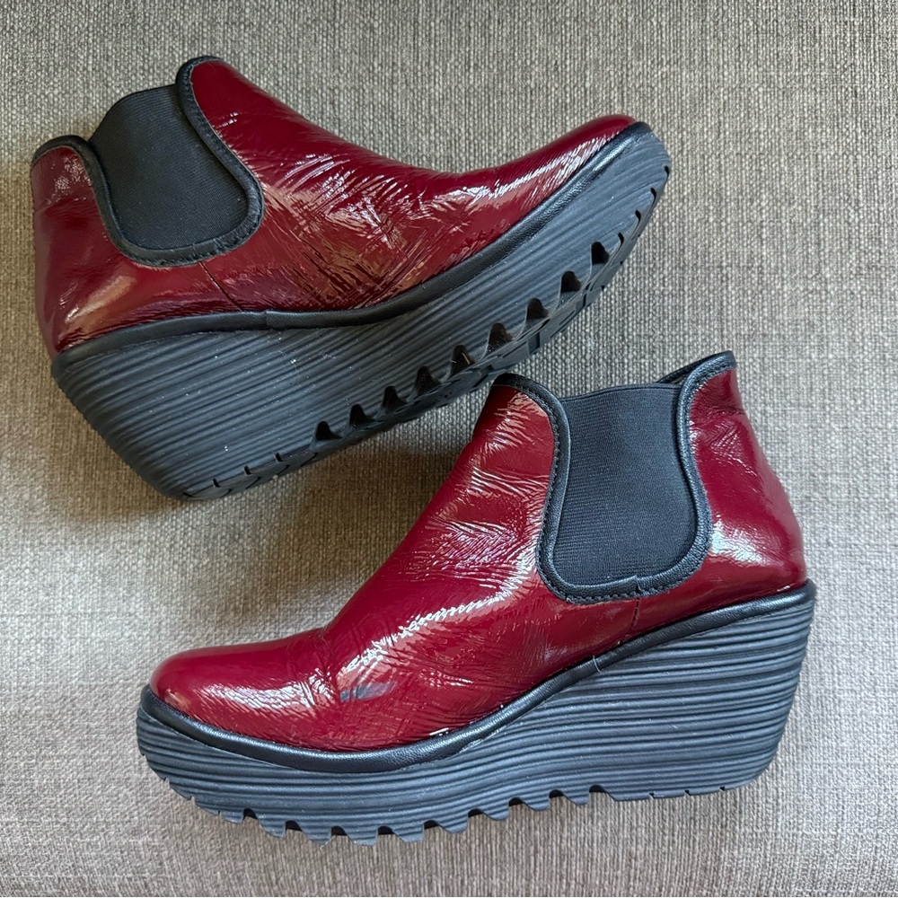 Stylish Burgundy Patent leather Fly London Wedge Ankle Boots